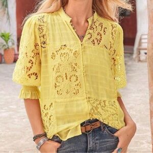 Sundance Garbo Eyelet Lace Top Button Down Viscose NWT Yellow M Patchwork Flowy